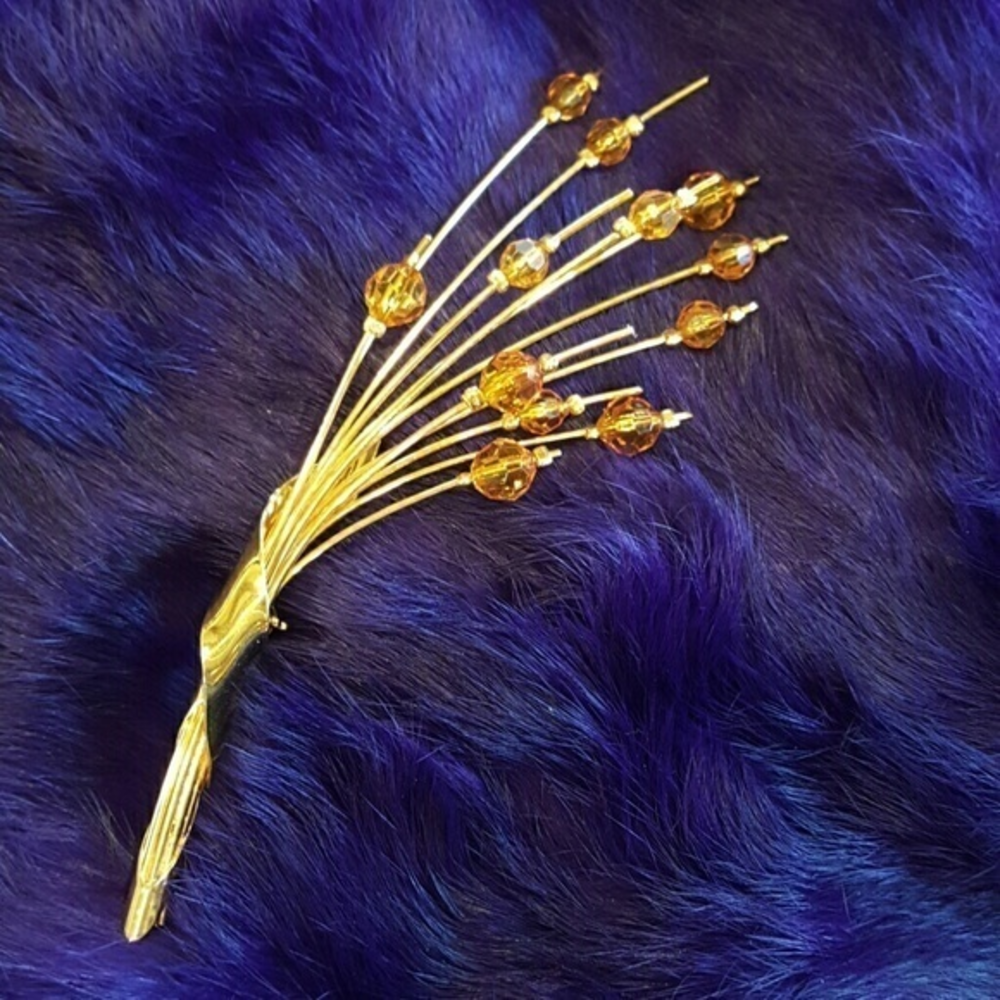 LONG AND PRETTY YELLOW BEADED BROOCH